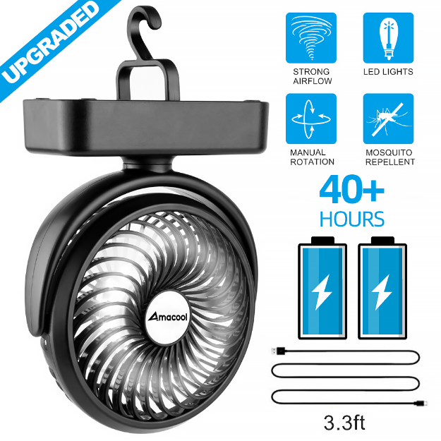 Portable Camping Fan with LED Lantern- 40H Work Time Rechargeable Battery Operated Fan with Hanging Hook for Tent Car RV Hurricane Emergency Outages Survival Kit