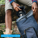 Portable camping fan and LED lantern hanging inside a tent