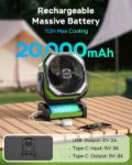 Camping Fan with Light, 20000mAh Rechargeable Battery Operated Fan, 112H Max Cooling Time, 8 Speeds, Digital Display, Remote Control, 270°Pivot with Hook for Tent Car RV Power Outage Hurricane