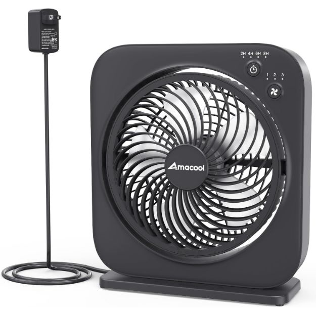 AMACOOL Table Fan, 12 inch Box Fan with 3 Adjustable Speeds & 8HRS Timer, 270° Pivoting Quiet Air Circulator, Desktop Fan for Bedroom Bathroom Kitchen Office, AC Adapter Included-White